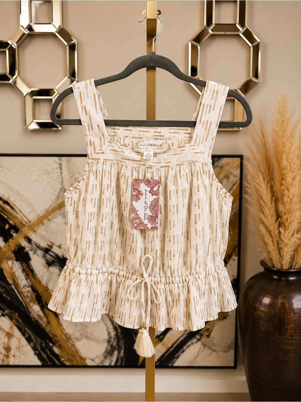 Boho Tassel Drawstring Square-Neck Tank Top - Cream/Gold